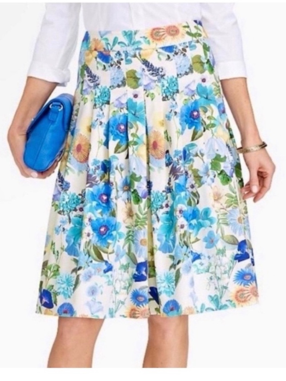 Talbots Blue & Ivory Watercolor Floral Pleated A- Line Skirt Garden 14 petite